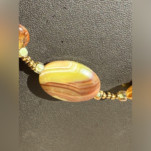 Venetian Murano Gold Glass Foil Beads with Agates Necklace 24" - Picture 7 of 8